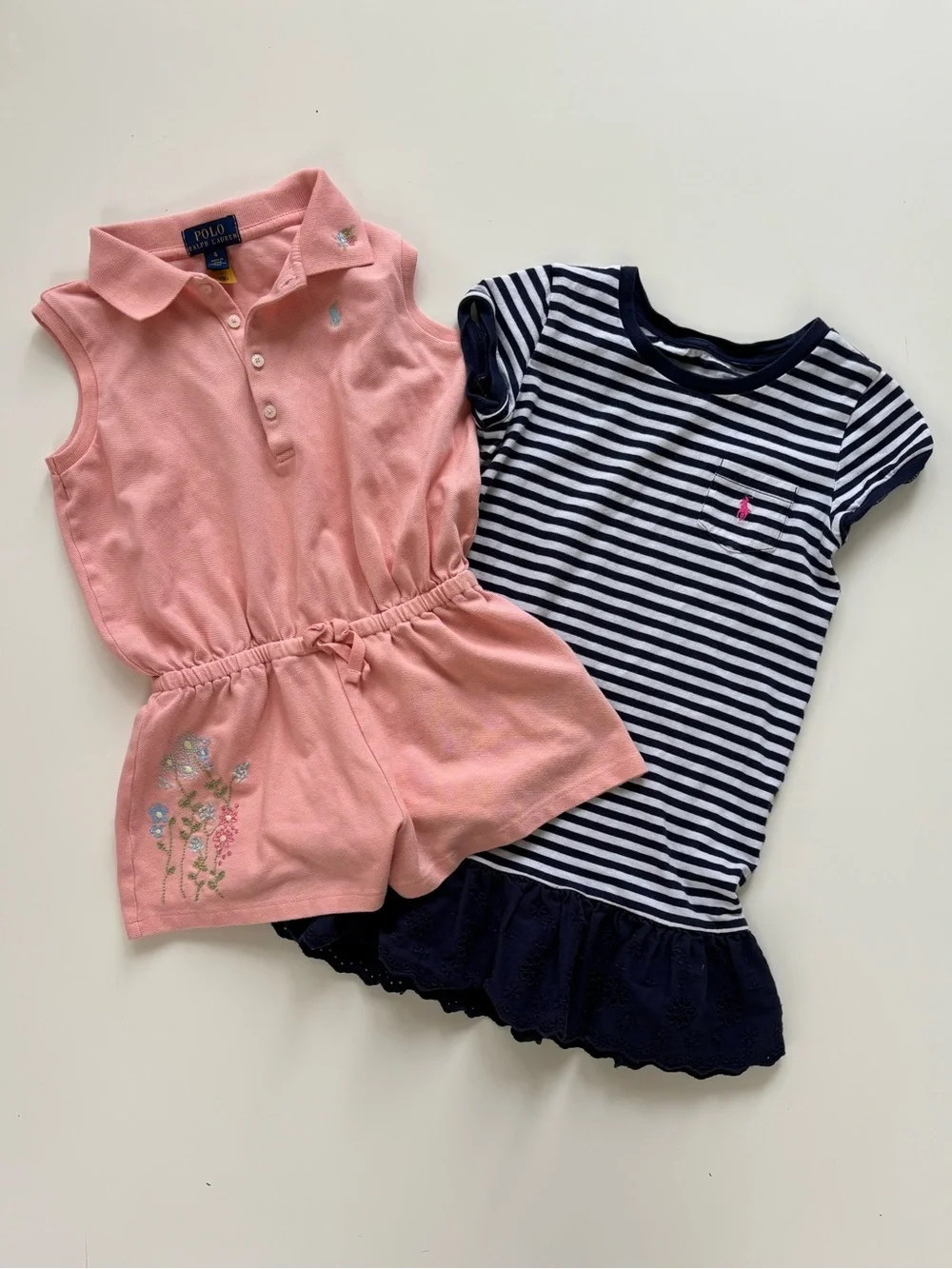 Ralph Lauren Pink Sleeveless Polo Romper and Navy Striped Tee Dress Set